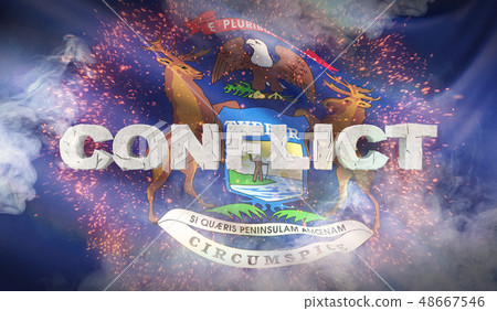 Conflict concept. State of Michigan flag. Flags of the states of USA. 3D illustration. 48667546