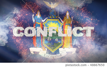 Conflict concept. State of New York flag. Flags of the states of USA. 3D illustration. 48667650