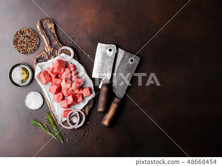 Raw lean diced casserole beef pork steak Raw lean diced casserole beef pork steak 48668454