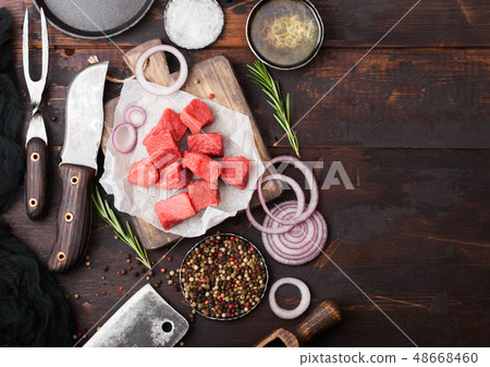 Raw lean diced casserole beef pork steak Raw lean diced casserole beef pork steak 48668460