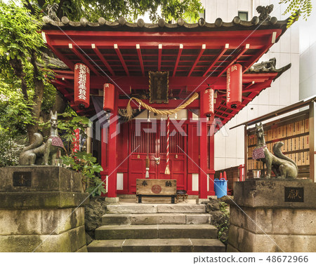 神社Inari神社站立在狐狸enoko樹下由東京,東京,北京的江戶的一百個風景的印刷品繪製。 神社Inari神社站立在狐狸enoko樹下由東京,東京,北京的江戶的一百個風景的印刷品繪製。 48672966