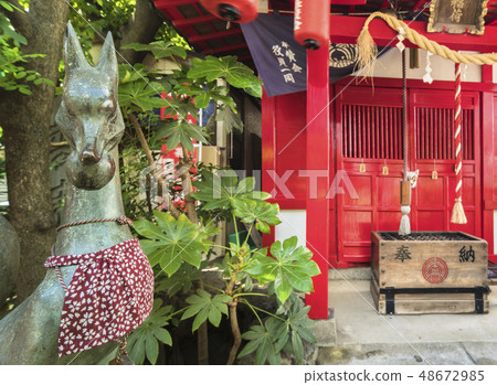 The shrine Inari shrine standing under the fox enoko tree drawn by the prints of the hundred scenery of Edo, Hokkaido in Tokyo, Oji city. The shrine Inari shrine standing under the fox enoko tree drawn by the prints of the hundred scenery of Edo, Hokkaido in Tokyo, Oji city. 48672985