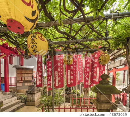 神社Inari神社站立在狐狸enoko樹下由東京,東京,北京的江戶的一百個風景的印刷品繪製。 神社Inari神社站立在狐狸enoko樹下由東京,東京,北京的江戶的一百個風景的印刷品繪製。 48673019