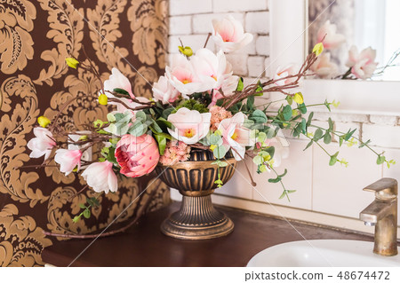 Classical vintage still life with artificial flowers Classical vintage still life with artificial flowers 48674472