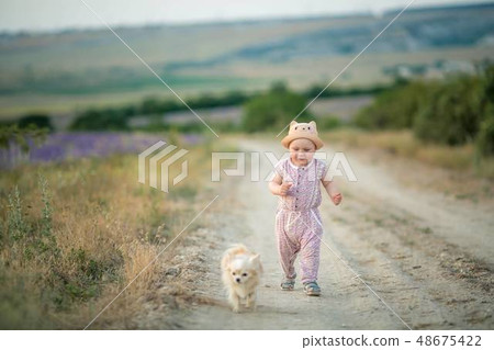 Outdoor portrait of a cute little child, a baby or toddler girl with her dog, a yellow labrador 48675422