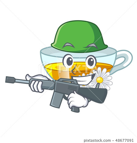 Army cup chamomile tea cartoon above table Army cup chamomile tea cartoon above table 48677091