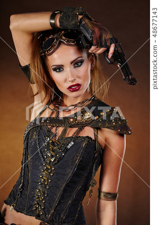Steampunk woman over gunge background. . Fantasy 48677143