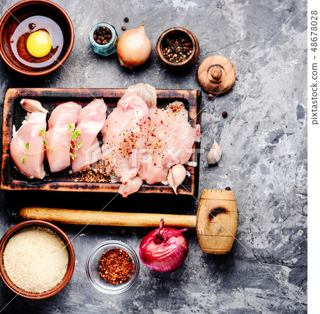 Pieces of raw chicken with spices 48678028