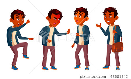 Indian Boy Schoolboy Kid Poses Set Vector. High School Child. Schoolchild. September, Schoolchildren Indian Boy Schoolboy Kid Poses Set Vector. High School Child. Schoolchild. September, Schoolchildren 48681542