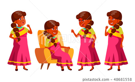 Indian Old Woman Poses Set Vector. Elderly People. Senior Person. Aged. Active Grandparent. Joy. Web 48681558