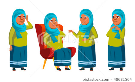 Arab, Muslim Old Woman Poses Set Vector. Elderly People. Senior Person. Aged. Retiree. Smile. Web Arab, Muslim Old Woman Poses Set Vector. Elderly People. Senior Person. Aged. Retiree. Smile. Web 48681564