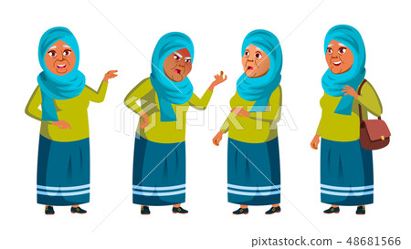 Arab, Muslim Old Woman Poses Set Vector. Elderly People. Senior Person. Aged. Positive Pensioner Arab, Muslim Old Woman Poses Set Vector. Elderly People. Senior Person. Aged. Positive Pensioner 48681566