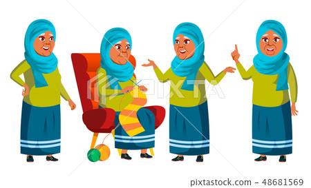 Arab, Muslim Old Woman Poses Set Vector. Elderly People. Senior Person. Aged. Cheerful Grandparent Arab, Muslim Old Woman Poses Set Vector. Elderly People. Senior Person. Aged. Cheerful Grandparent 48681569
