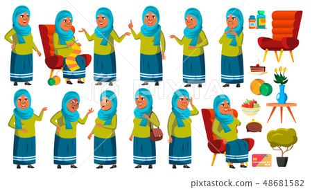 Arab, Muslim Old Woman Poses Set Vector. Elderly People. Senior Person. Aged. Cute Retiree. Activity 48681582