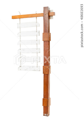 Wooden sign hang on wooden posts isolated on white 48681693