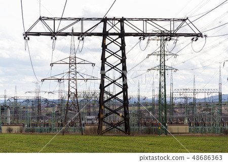 Electricity pylons from power station Electricity pylons from power station 48686363