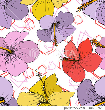 Vector Hibiscus floral tropical flowers. Engraved ink art on white background. Seamless background Vector Hibiscus floral tropical flowers. Engraved ink art on white background. Seamless background 48686765