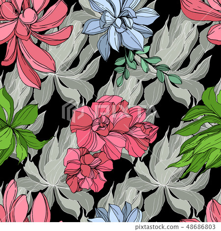Vector Jungle botanical succulent flower. Engraved ink art illustration. Seamless background pattern 48686803