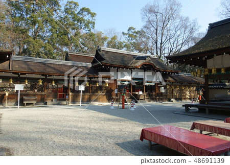 Kaori Shrine's Kanai shrine's premises in Kyoto, Shimogamo Shinto shrine, hall of worshipers (Oku) and Mai (front) Kaori Shrine's Kanai shrine's premises in Kyoto, Shimogamo Shinto shrine, hall of worshipers (Oku) and Mai (front) 48691139