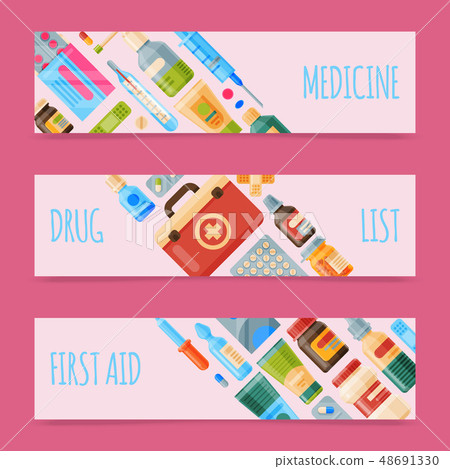 Medicine set of banners vector illustration. Medicine, pharmacy store, hospital set of drugs with 48691330