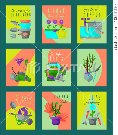 Garden tools card set vector illustration. It s time for gardening. Gardener supply. I love my Garden tools card set vector illustration. It s time for gardening. Gardener supply. I love my 48691350