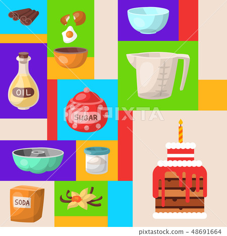 Baking cartoon tools round pattern. Kitchen utensils. Baking ingredients set sugar, vanilla, flour 48691664
