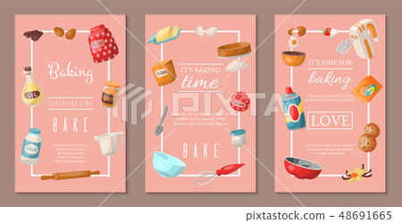 Time for baking set of banners. Baking ingredients and kitchen tools and utensils. Collection of 48691665