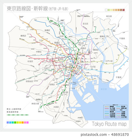 Route map of Tokyo · Shinkansen (subway + JR +... - Stock Illustration ...