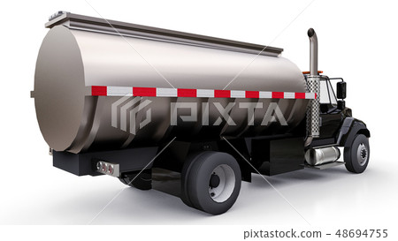 Large black truck tanker with a polished metal 48694755