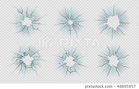Cracked glass. Smashed ice effect, realistic texture of broken mirror, bullet holes in transparent 48695857