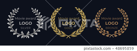 Movie award logo. Laurel golden emblems, winner reward foliage banner, show prize luxury concept 48695859