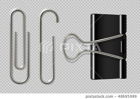 Paper clips. Realistic binder, paper holder isolated on white background, macro metal notebook 48695999