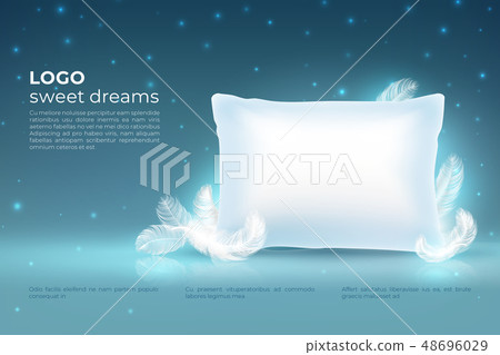 Realistic dream concept. Comfort sleep, bed relax pillow with feathers mockup, clouds stars on night Realistic dream concept. Comfort sleep, bed relax pillow with feathers mockup, clouds stars on night 48696029