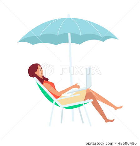 Woman with laptop sitting in lounge chair under umbrella cartoon style 48696480