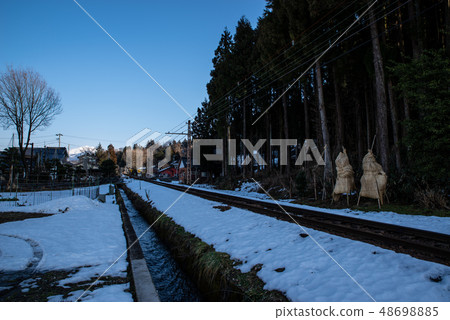 Scenery of Toyama Railway running through forest and snow and thawing water in side groove 2019 Scenery of Toyama Railway running through forest and snow and thawing water in side groove 2019 48698885