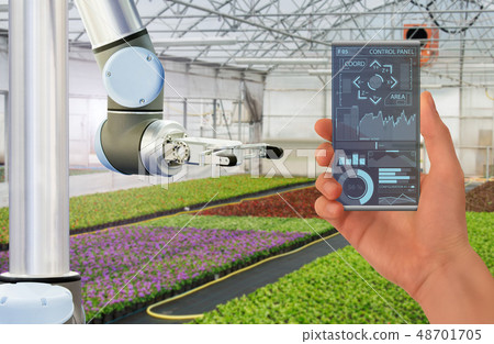 Farmer controls robot in a modern greenhouse 48701705