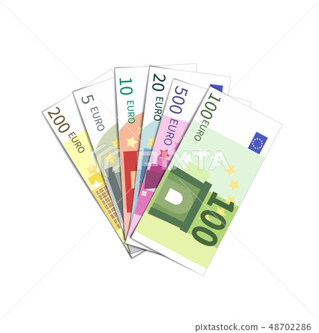 Bunch of different simple euro banknotes on white 48702286