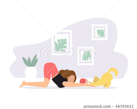 Extended puppy pose. Woman doing Yoga with cat Extended puppy pose. Woman doing Yoga with cat 48705631