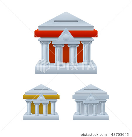 Bank building shaped piggy bank icons 48705645