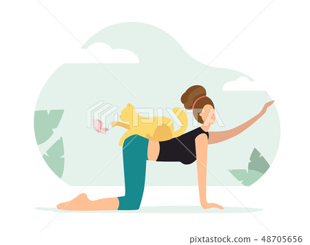 Cow pose. Woman doing Yoga with cat 48705656