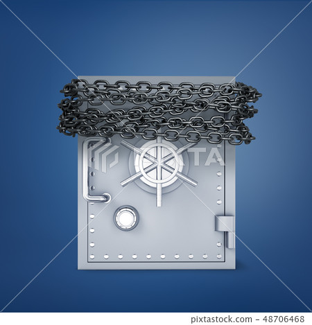 3d rendering of metal safe chained on blue background 3d rendering of metal safe chained on blue background 48706468