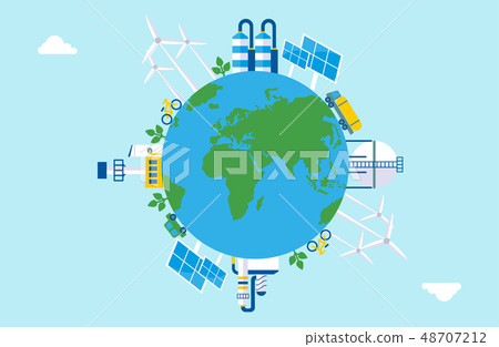 Ecological concept. Friendly factories and industry. Solar energy, wind energy. 48707212