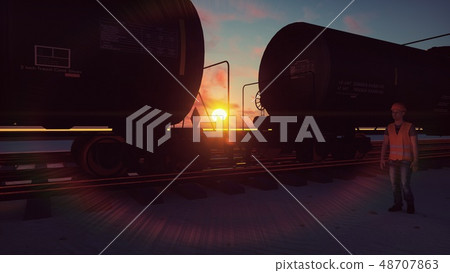 Oil worker walks past the railway with Rail tank cars driving on it at sunset. 3D Rendering 48707863