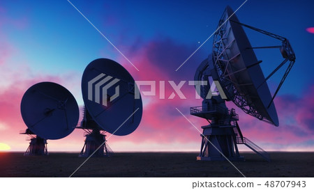 Large Array Radio Telescope. Time-lapse of a radio telescope in desert at sunrise. 3D Rendering 48707943