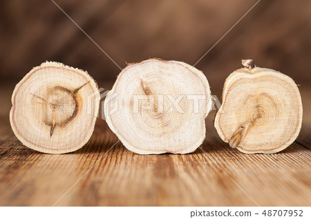 Texture of cross section juniper wood. Pattern of tree stump background. Circles slice of juniper. 48707952