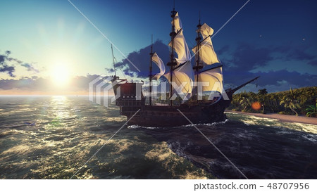A large medieval ship in the ocean at sunset. An ancient medieval ship docked near a deserted 48707956