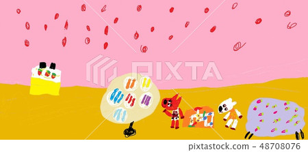 Children drawing, The child drew different animals and fictional characters. Made by a small child. 48708076