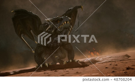 Big dragon in the desert looking for his enemies. 3D Rendering Big dragon in the desert looking for his enemies. 3D Rendering 48708204