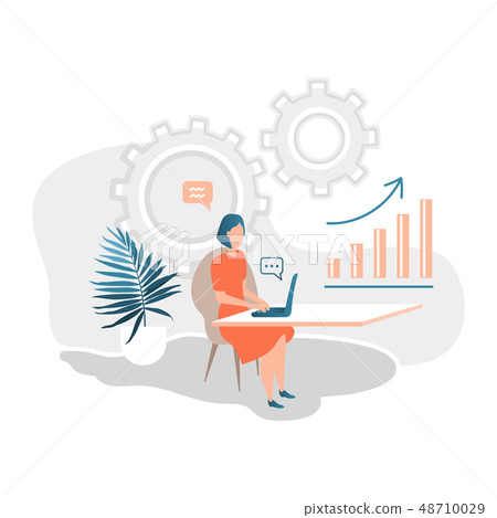 Business woman working on the computer in the office. Infographics, Scale analytics. Vector 48710029