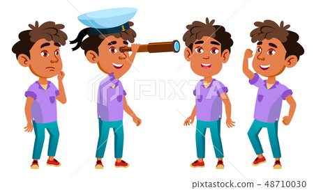 Arab, Muslim Boy Kindergarten Kid Poses Set Vector. Preschool. Young Positive Person. Beauty. For 48710030